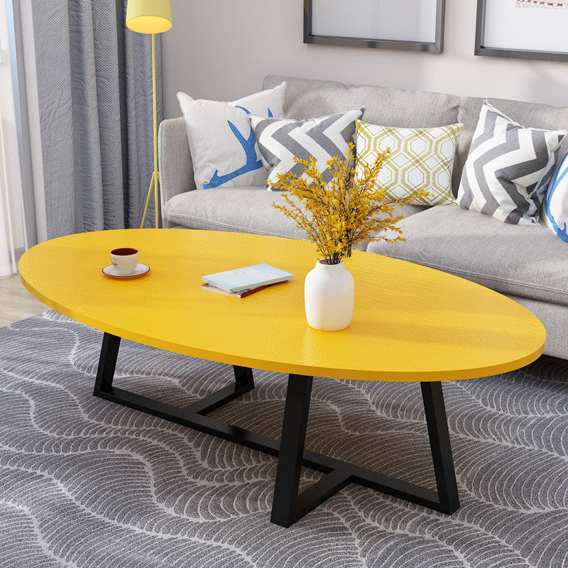Metal Cross Legs Cocktail Table Wooden Oval Top Coffee Table
