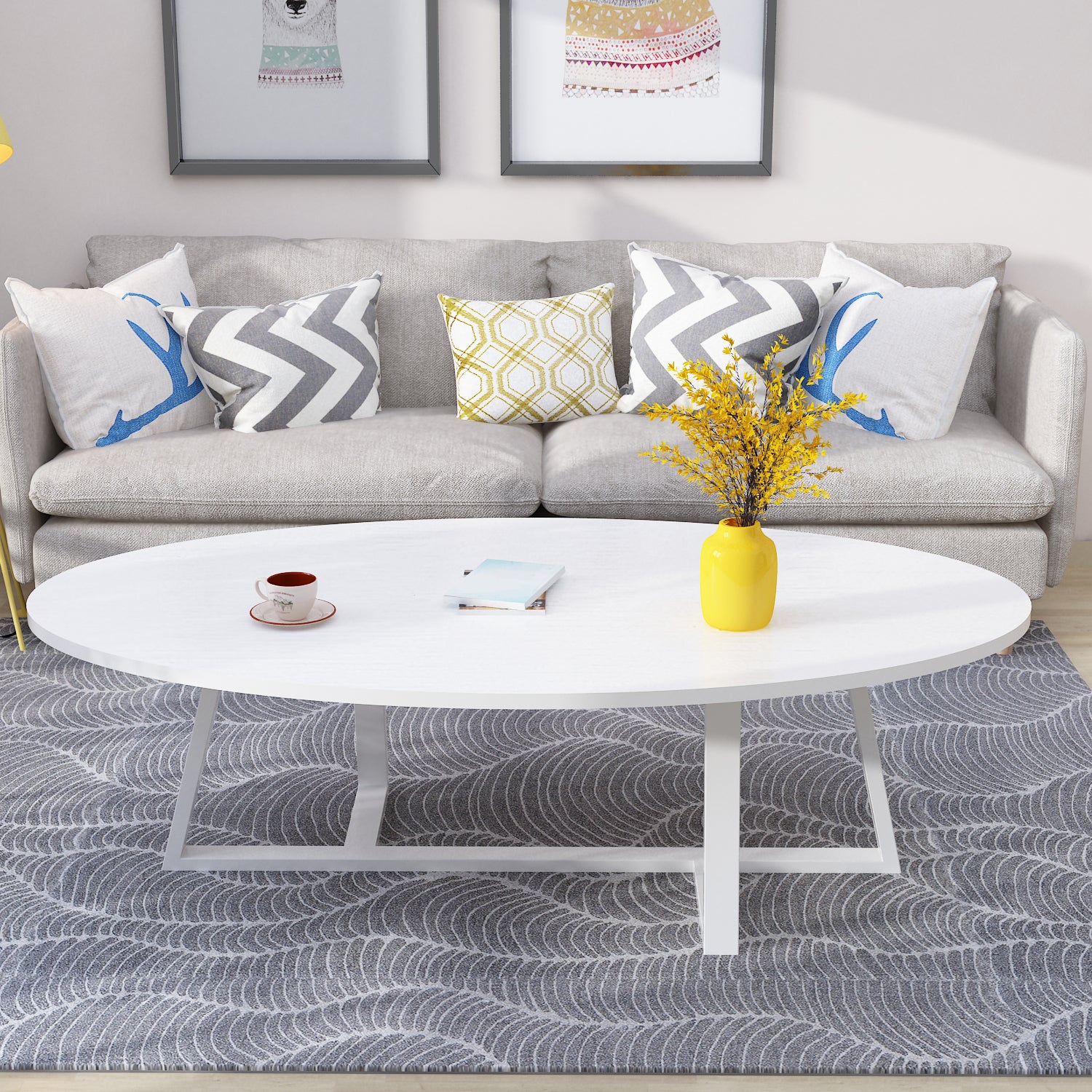 Metal Cross Legs Cocktail Table Wooden Oval Top Coffee Table