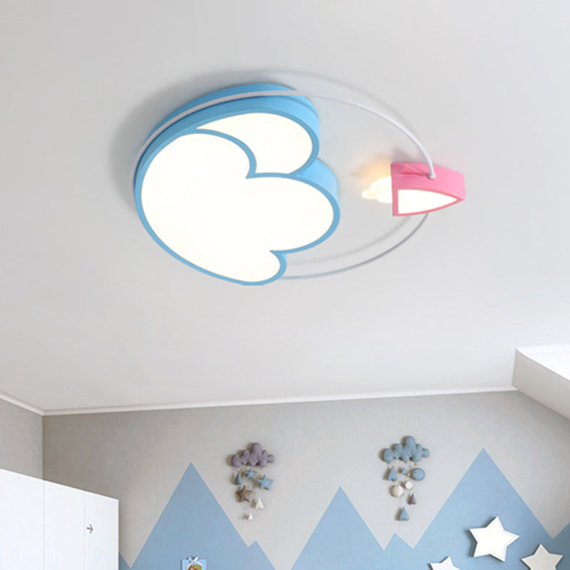 Blue Space Rocket Launching Flush Light Cartoon Acrylic Integrated LED Ceiling Mounted Light Fixture