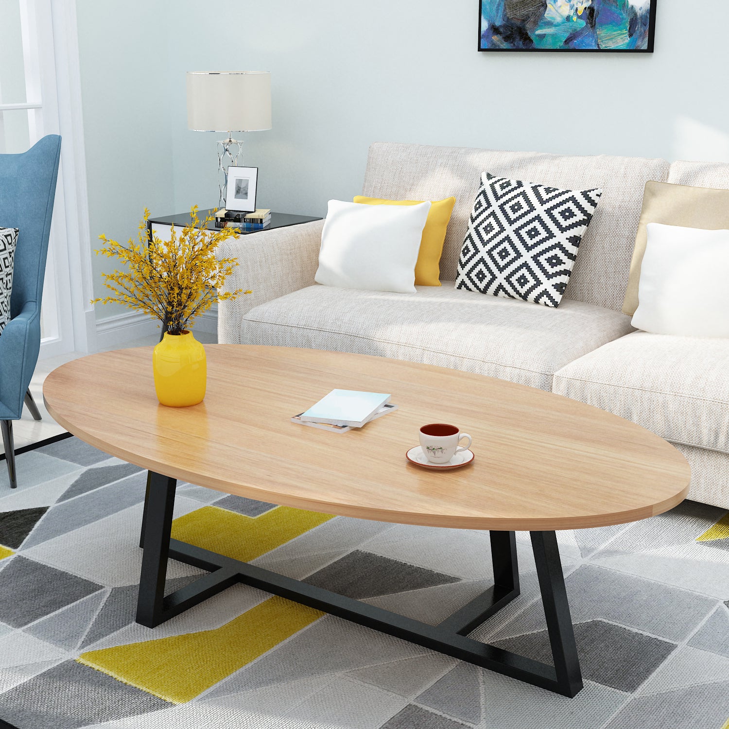 Metal Cross Legs Cocktail Table Wooden Oval Top Coffee Table