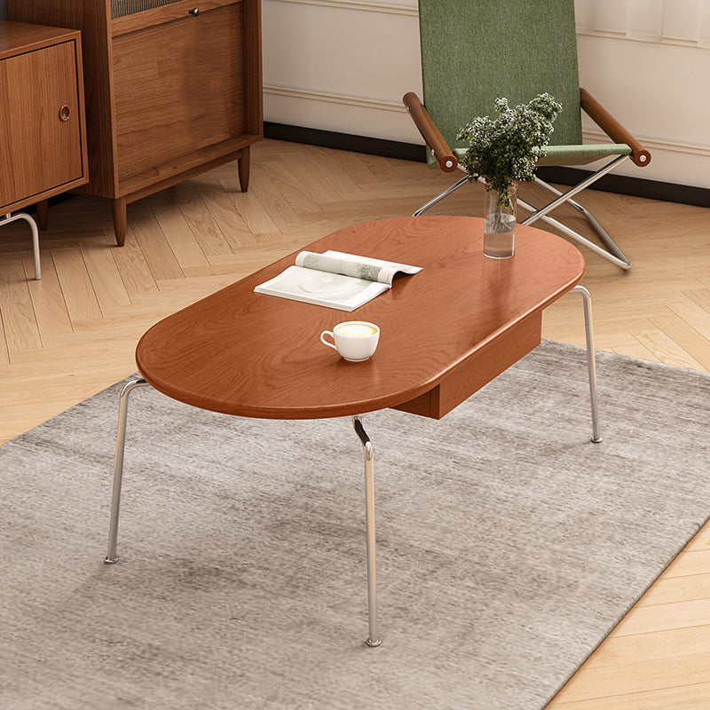 Steel 4 Legs Cocktail Table Oval Wood Top Coffee Table with Drawer
