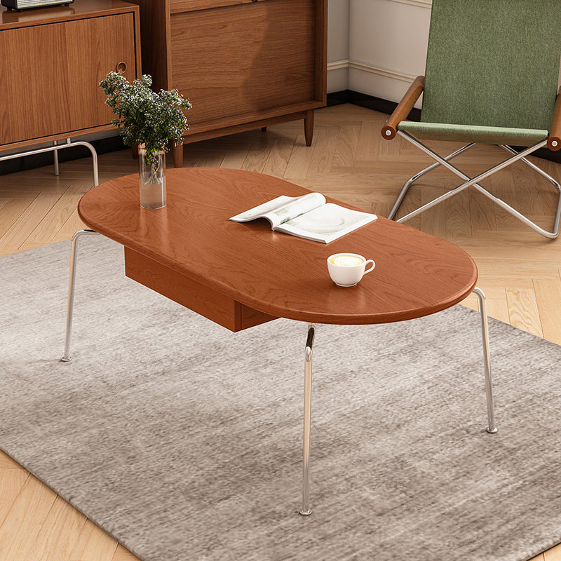 Steel 4 Legs Cocktail Table Oval Wood Top Coffee Table with Drawer