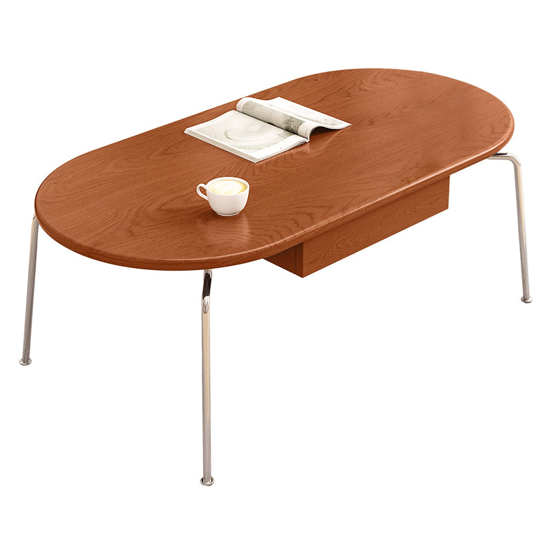 Steel 4 Legs Cocktail Table Oval Wood Top Coffee Table with Drawer