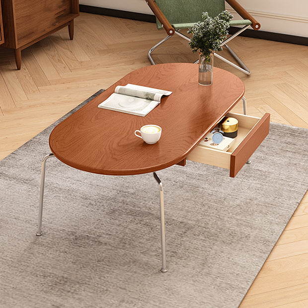 Steel 4 Legs Cocktail Table Oval Wood Top Coffee Table with Drawer