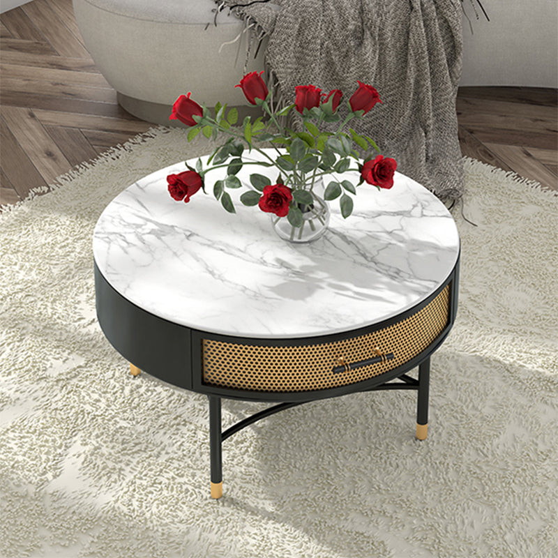17"H Glam Cocktail Table Storage Round 4 Legs Stone Coffee Table