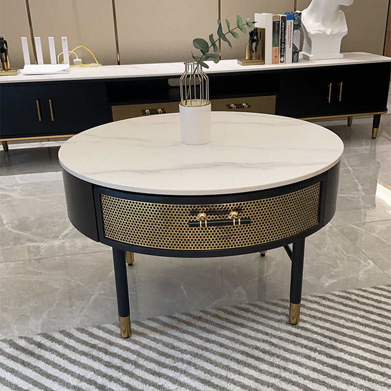 17"H Glam Cocktail Table Storage Round 4 Legs Stone Coffee Table