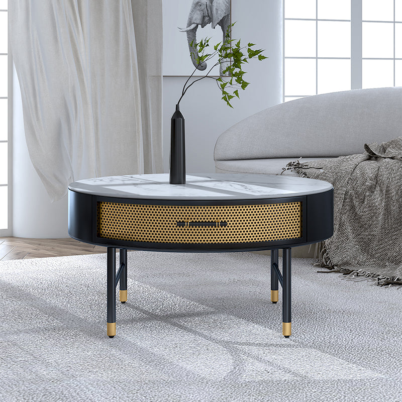 17"H Glam Cocktail Table Storage Round 4 Legs Stone Coffee Table
