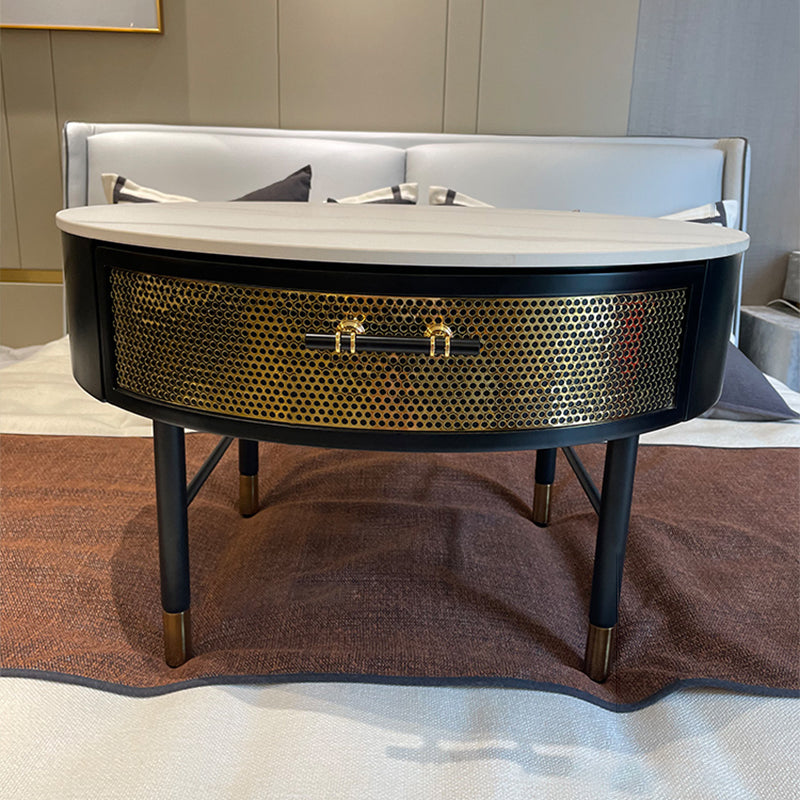 17"H Glam Cocktail Table Storage Round 4 Legs Stone Coffee Table