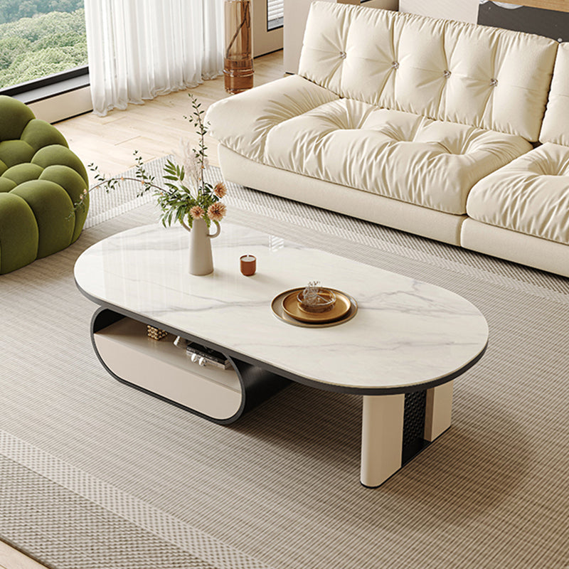 15"H Glam Cocktail Table Storage Oval Stone Coffee Cocktail Table