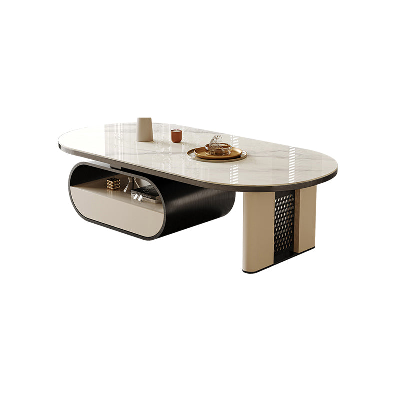 15"H Glam Cocktail Table Storage Oval Stone Coffee Cocktail Table