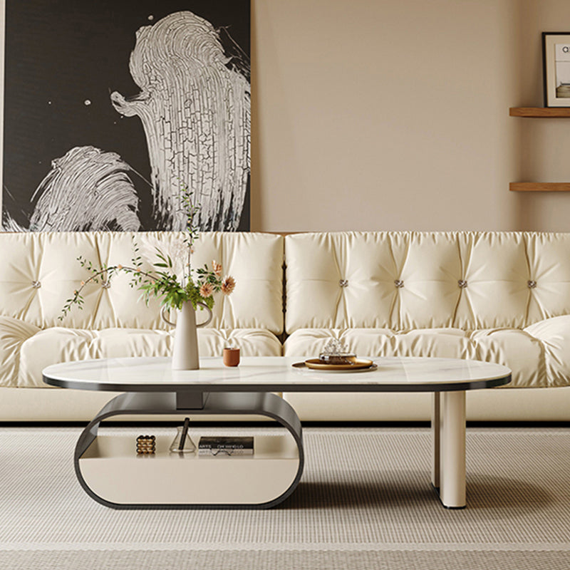 15"H Glam Cocktail Table Storage Oval Stone Coffee Cocktail Table