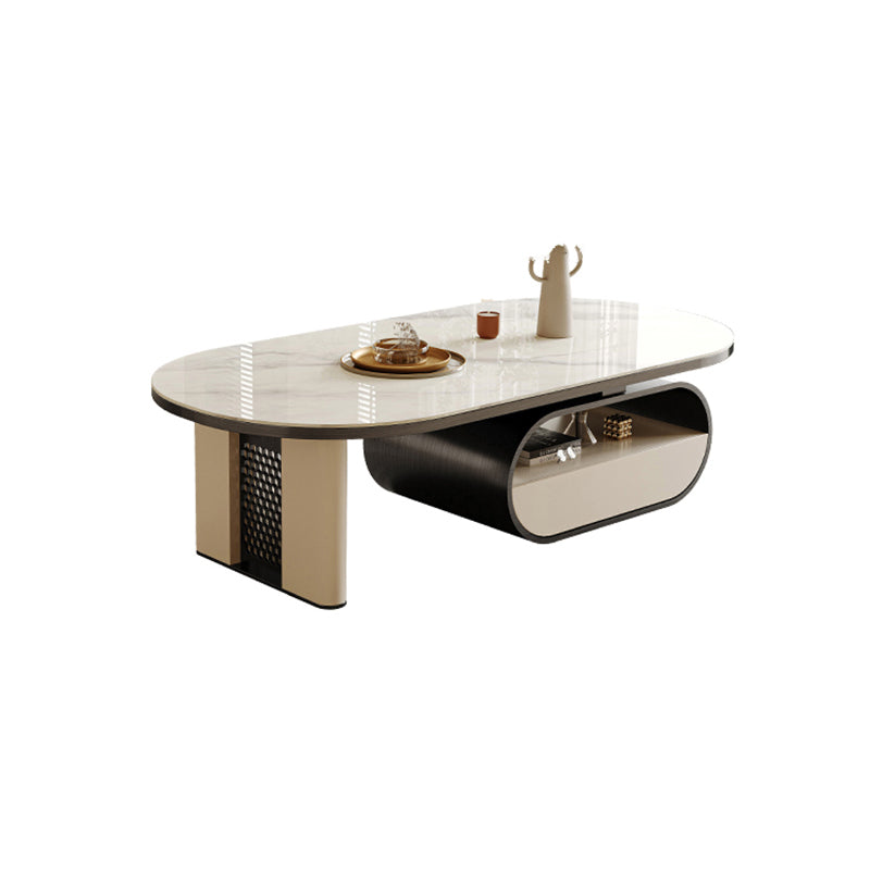 15"H Glam Cocktail Table Storage Oval Stone Coffee Cocktail Table