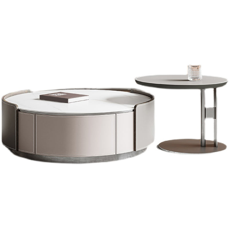 Slate Coffee Cocktail Table Drum Coffee or End Table with 2 Storage Drawers