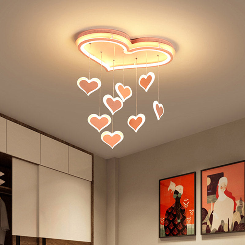 Waterfall Loving Heart Iron Ceiling Lamp Macaron Pink 21"/25" Wide LED Flush Mount Lighting for Bedroom