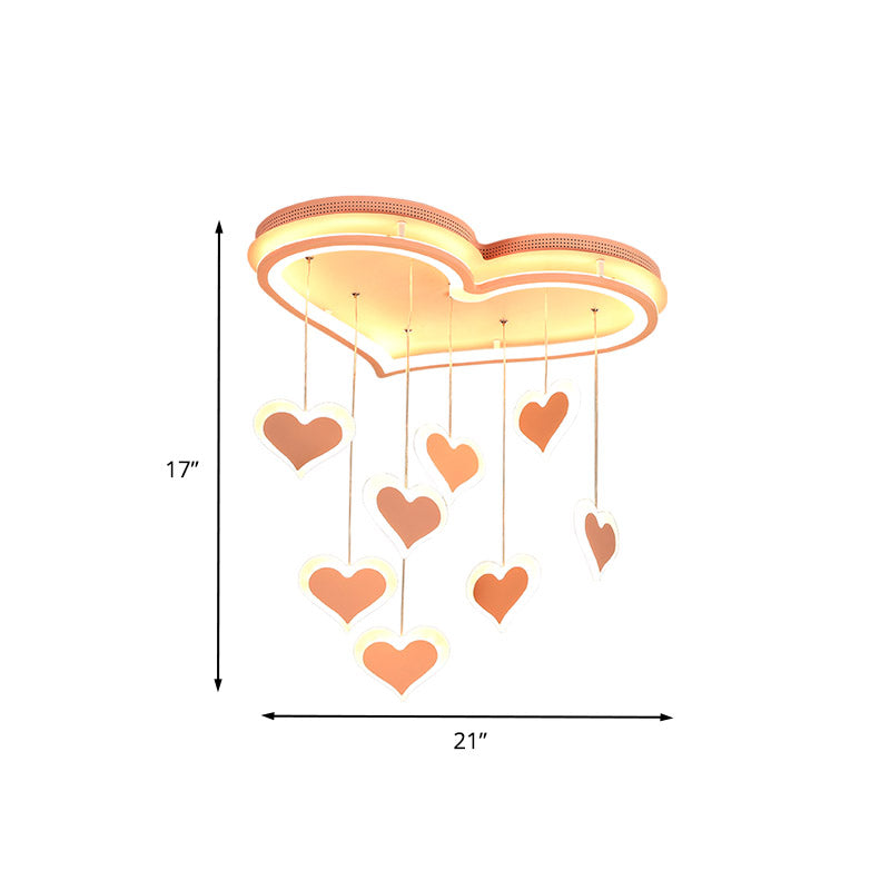 Waterfall Loving Heart Iron Ceiling Lamp Macaron Pink 21"/25" Wide LED Flush Mount Lighting for Bedroom