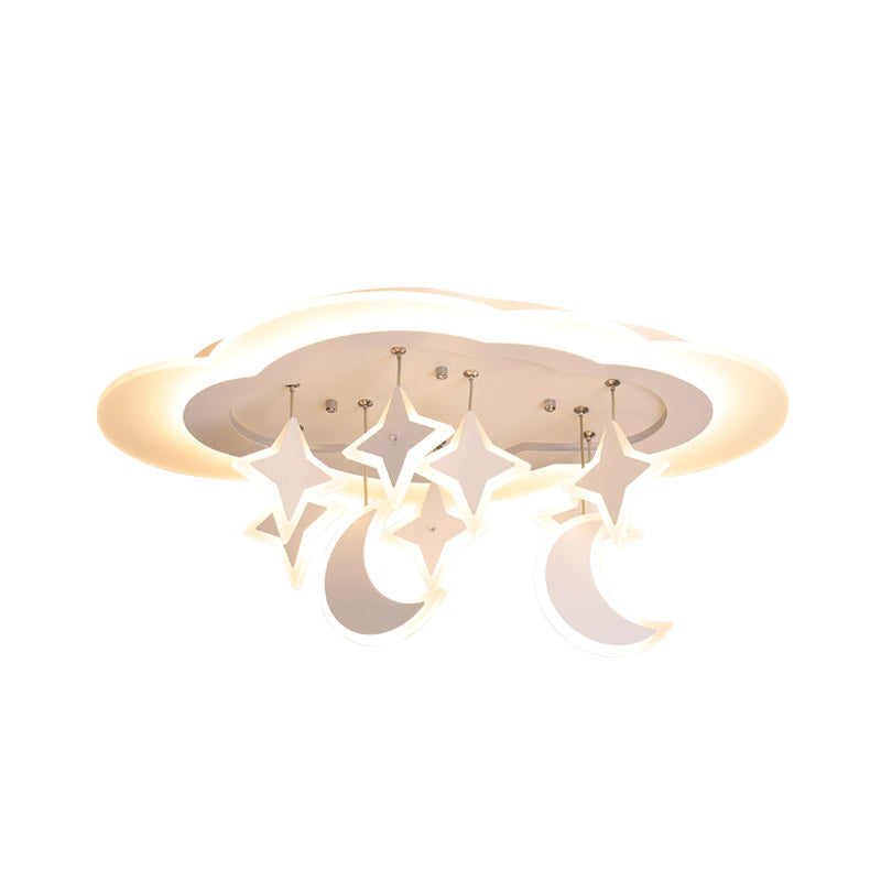 Acrylic Cloudy LED Flush Ceiling Light Kid White Flush Mount Lighting with Dangling Moon and Star, Warm/White Light