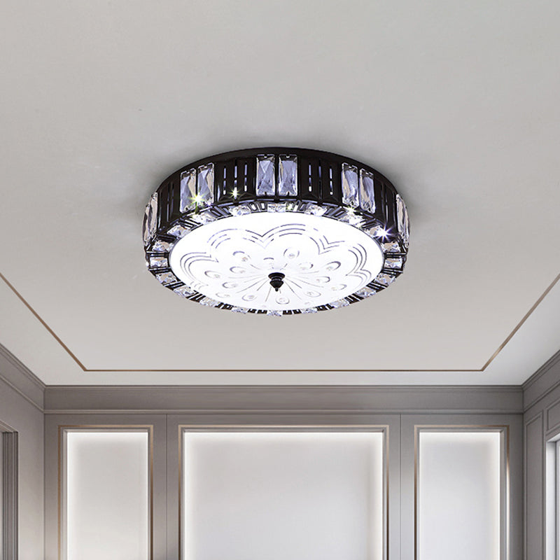 Black Drum Flush Mount Lighting Modernist Metal LED Bedroom Flush Lamp with Crystal Accent