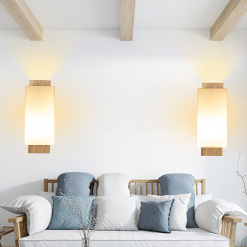 Modern Wood Wall Sconce Rectangle Shape Vanity Lamp with Glass Shade for Bathroom