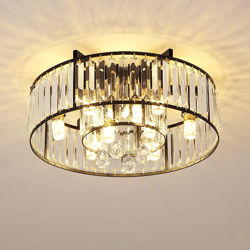Double Round Bedroom Flushmount Minimalist Faceted Crystal 7 Lights Black Flush Mounted Lamp