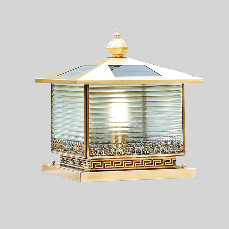 Contemporary Pillar Lighting Fixture Minimalist LED Solar Lamp with Glass Shade for Garden