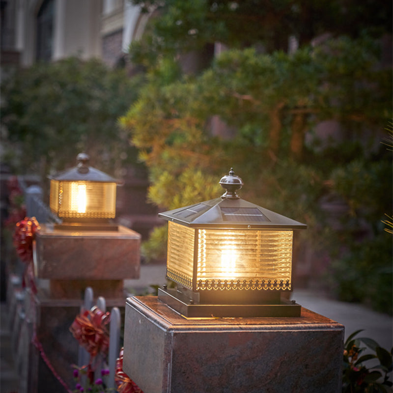 Contemporary Pillar Lighting Fixture Minimalist LED Solar Lamp with Glass Shade for Garden