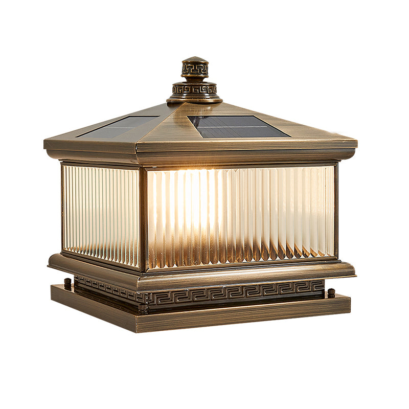 Contemporary Pillar Lighting Fixture Minimalist LED Solar Lamp with Glass Shade for Garden