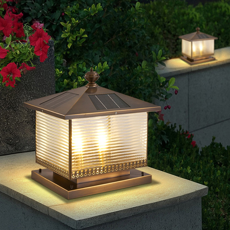 Contemporary Pillar Lighting Fixture Minimalist LED Solar Lamp with Glass Shade for Garden