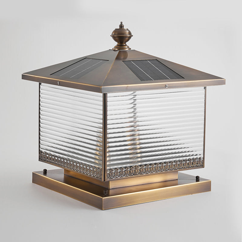 Contemporary Pillar Lighting Fixture Minimalist LED Solar Lamp with Glass Shade for Garden