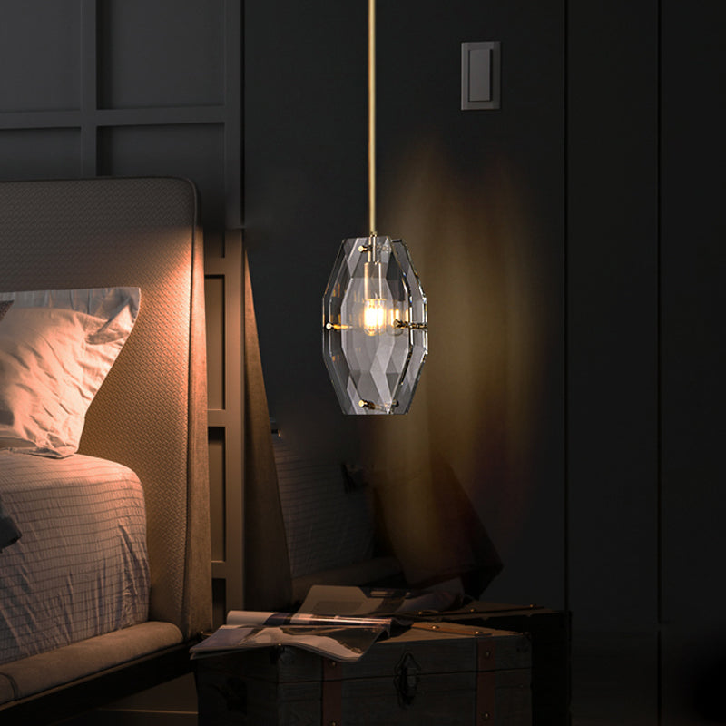 Simple Double Panel Pendant Lighting 1-Bulb Faceted Crystal Ceiling Hang Fixture in Brass