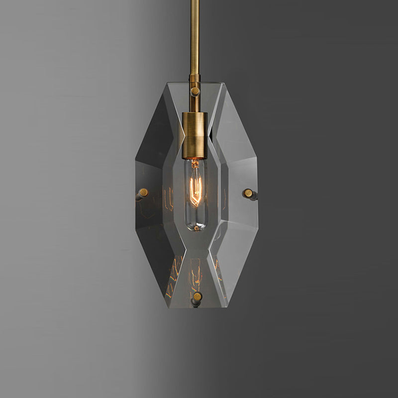 Simple Double Panel Pendant Lighting 1-Bulb Faceted Crystal Ceiling Hang Fixture in Brass