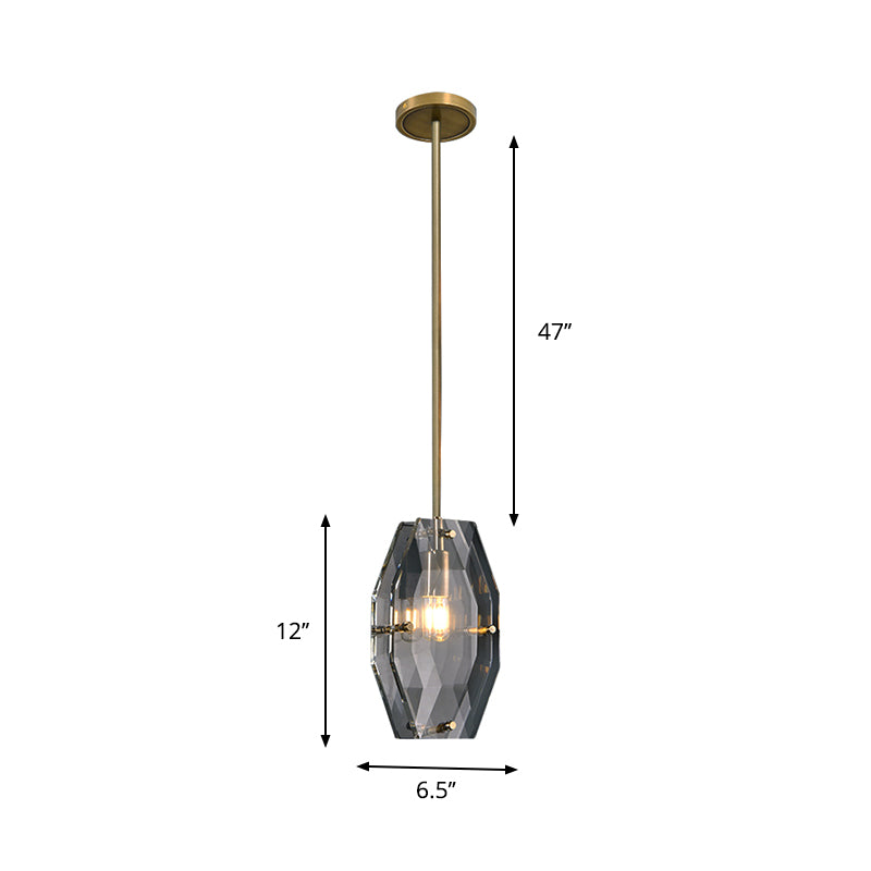 Simple Double Panel Pendant Lighting 1-Bulb Faceted Crystal Ceiling Hang Fixture in Brass