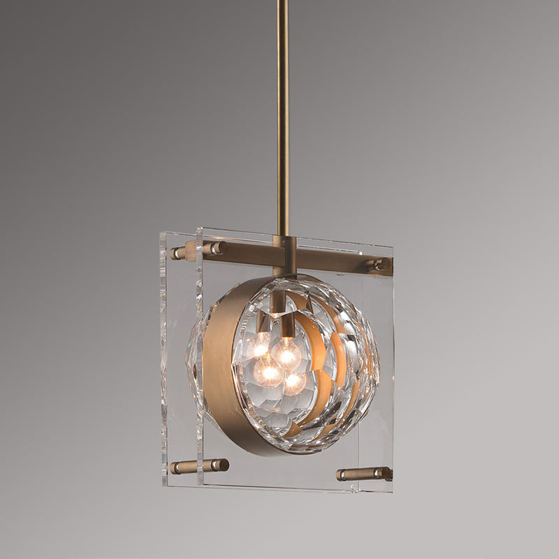Global Beveled Crystal Pendant Modernism 1 Light Bedroom Hanging Ceiling Lamp with 2-Square Panel in Brass