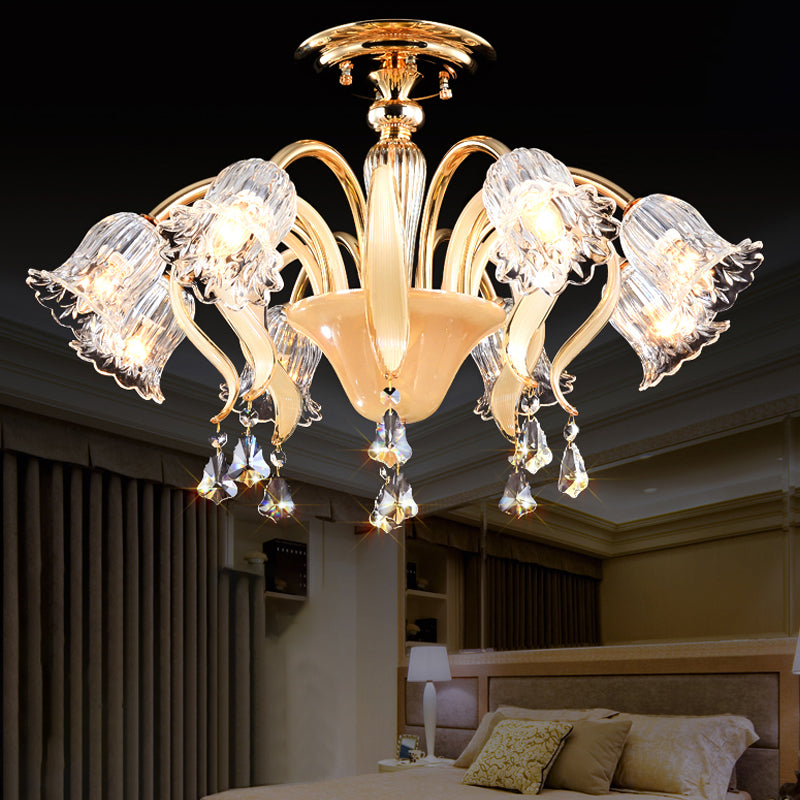 Flower Bedroom Semi Flush Mount Contemporary Crystal 8 Heads Gold Close to Ceiling Lamp