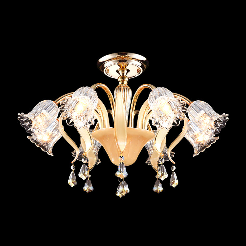 Flower Bedroom Semi Flush Mount Contemporary Crystal 8 Heads Gold Close to Ceiling Lamp