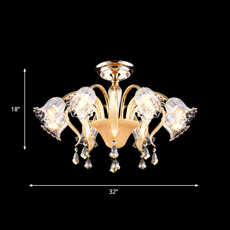 Flower Bedroom Semi Flush Mount Contemporary Crystal 8 Heads Gold Close to Ceiling Lamp