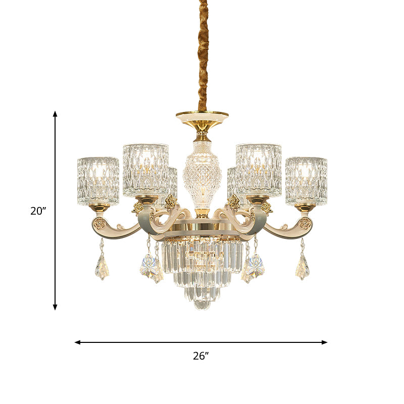 6/8-Light Crystal Pendant Lighting Modernism Gold Cylinder Dining Room Up Chandelier Lamp Fixture