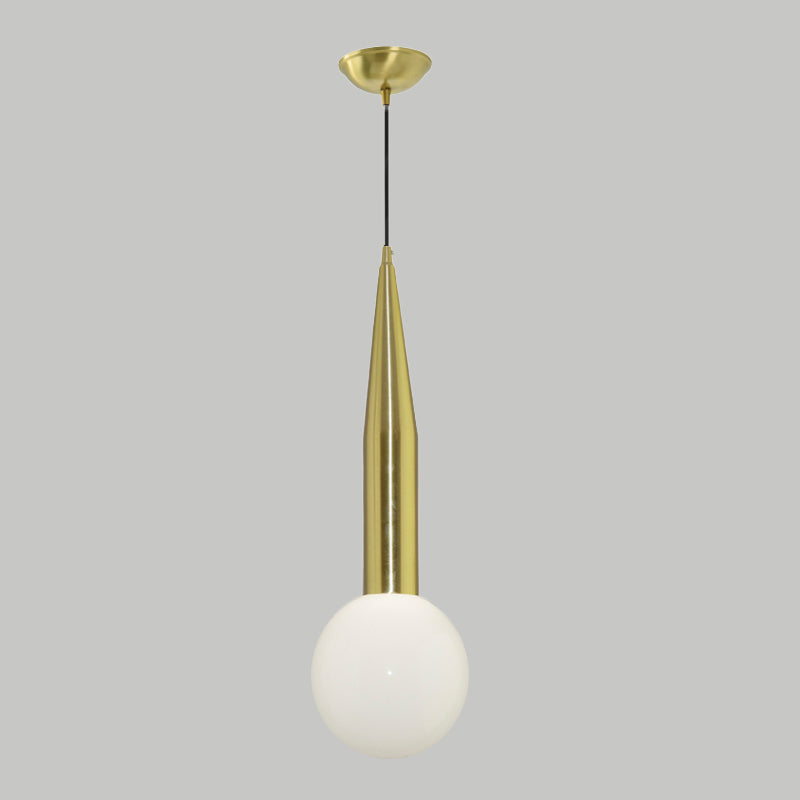 Tapering Bedside Pendant Light Kit Metallic Single Postmodern Style Hanging Lamp in Gold with Ball Milk Glass Shade