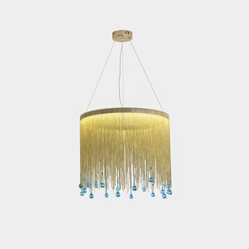Modern Stylish Fringe Skirt Pendant Lamp Aluminum Bedroom 16"/19.5" W LED Hanging Light Fixture in Gold with Blue Glass Drop