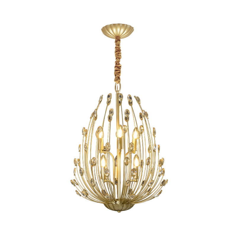 Crystal Gold Hanging Chandelier Ovoid Shaped Floral Vine 6 Bulbs Retro Stylish Pendant Light