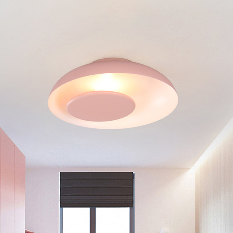 Pink/Green/Blue Wide Bowl Flush Light Macaron Single Iron Flush Mount Ceiling Lighting with Cover