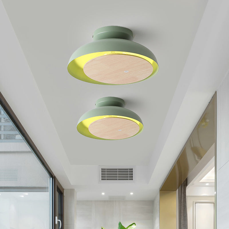 Macaron Shallow Bowl Iron Flush Mount LED Close to Ceiling Light with Mobile Wood Shield in Yellow/Pink/Green for Foyer