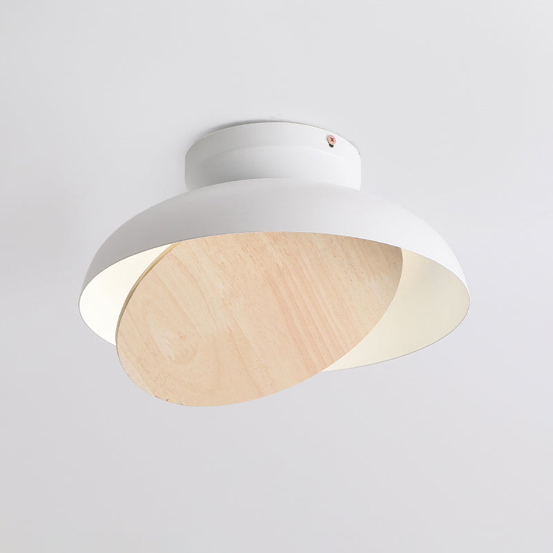 Macaron Shallow Bowl Iron Flush Mount LED Close to Ceiling Light with Mobile Wood Shield in Yellow/Pink/Green for Foyer