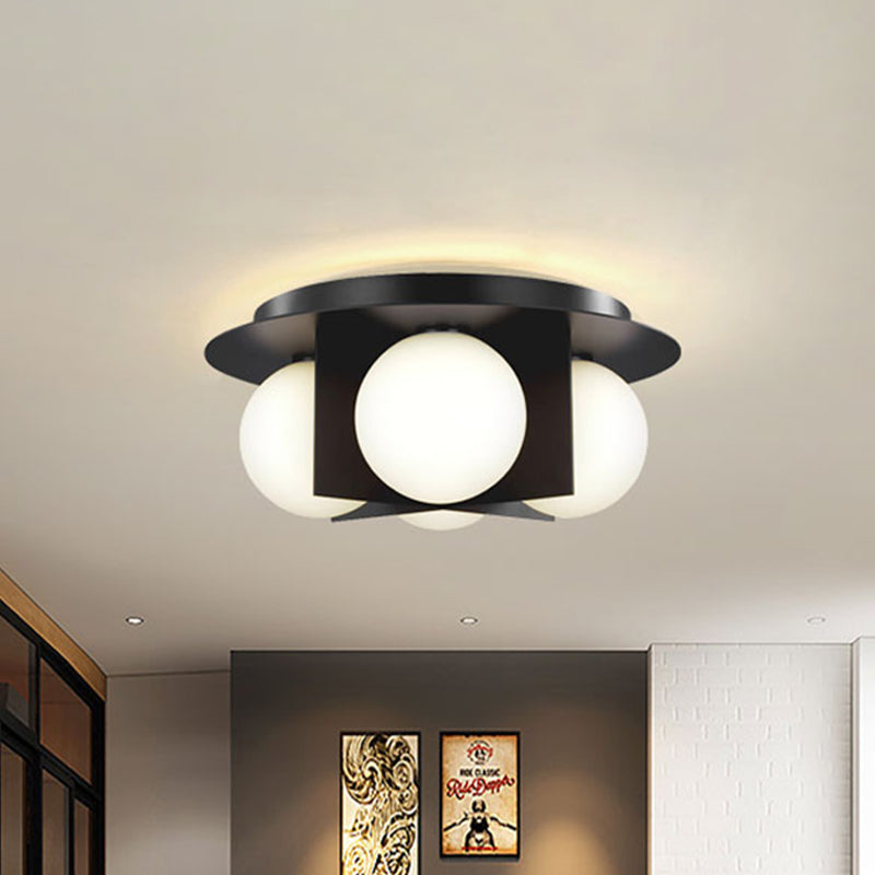 3-Light Bedroom Ceiling Lamp Postmodern Black/Gold/Chrome Flush Mounted Light with Globe Milky Glass Shade