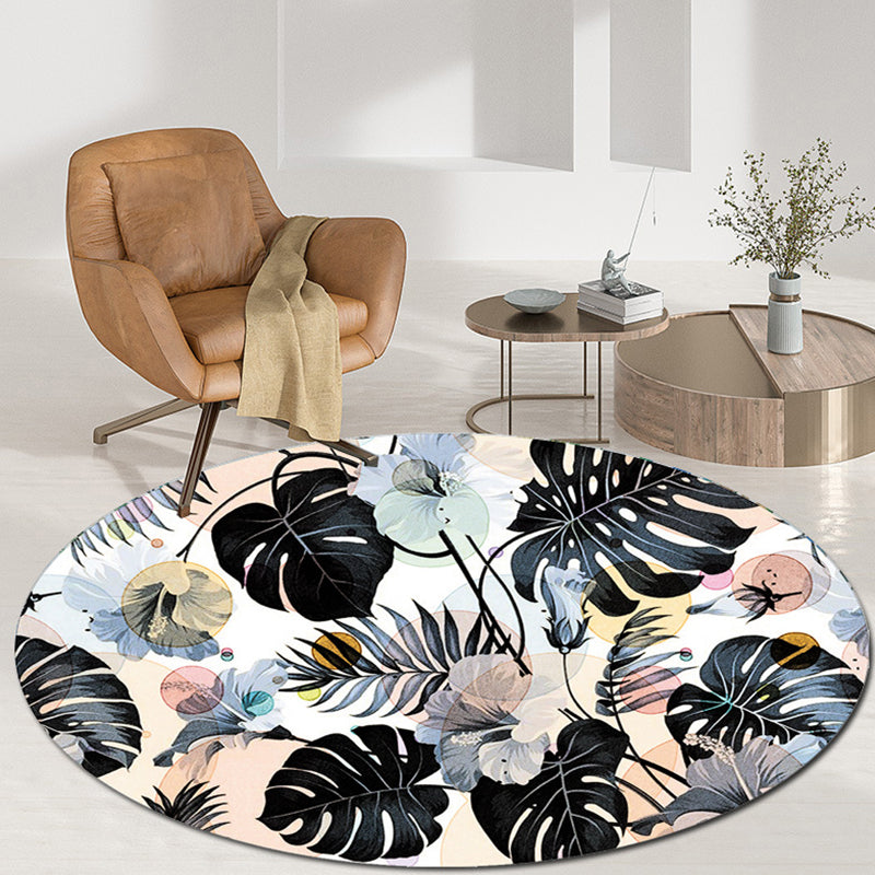 Modern Polyster Area Carpet Non-Slip Backing Round Carpet Botanical Print Living Room Rug