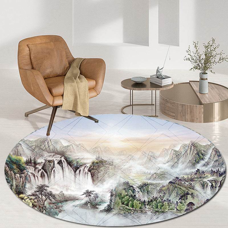 Modern Polyster Area Carpet Non-Slip Backing Round Carpet Botanical Print Living Room Rug
