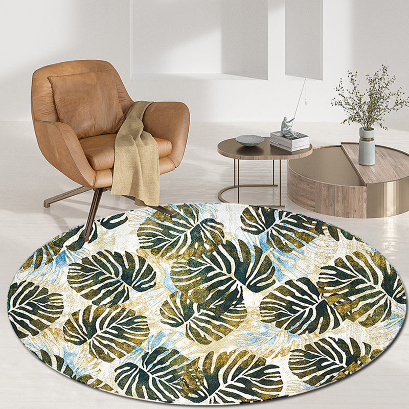 Modern Polyster Area Carpet Non-Slip Backing Round Carpet Botanical Print Living Room Rug
