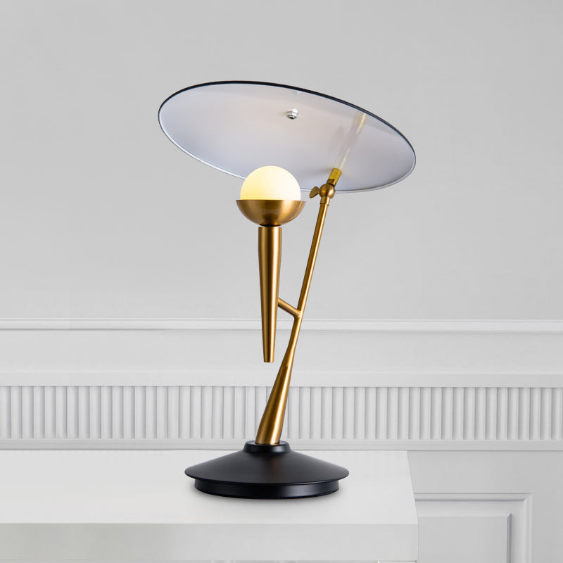 Mid Century Gramophone Table Light Metal 1-Light Living Room Nightstand Lamp in Black and Gold with Adjustable Disc Shade