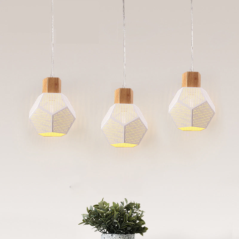 Iron Faceted Mesh Bottle Pendant Lamp Nordic 3-Bulb White and Wood Multi Light Ceiling Light over Table