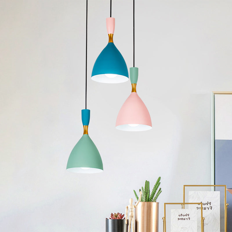 Macaron Cluster Funnel Pendant Aluminum 3-Light Loft House Ceiling Suspension Lamp in Green-Pink-Blue