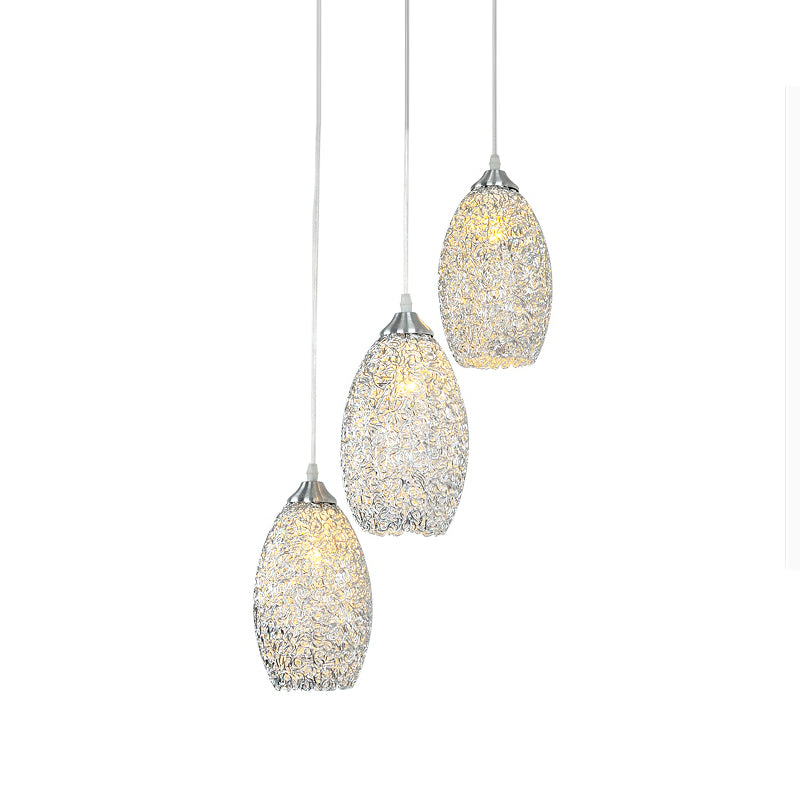 Aluminum Cluster Oval Pendant Contemporary 3 Bulbs Chrome Hanging Ceiling Light for Dining Room